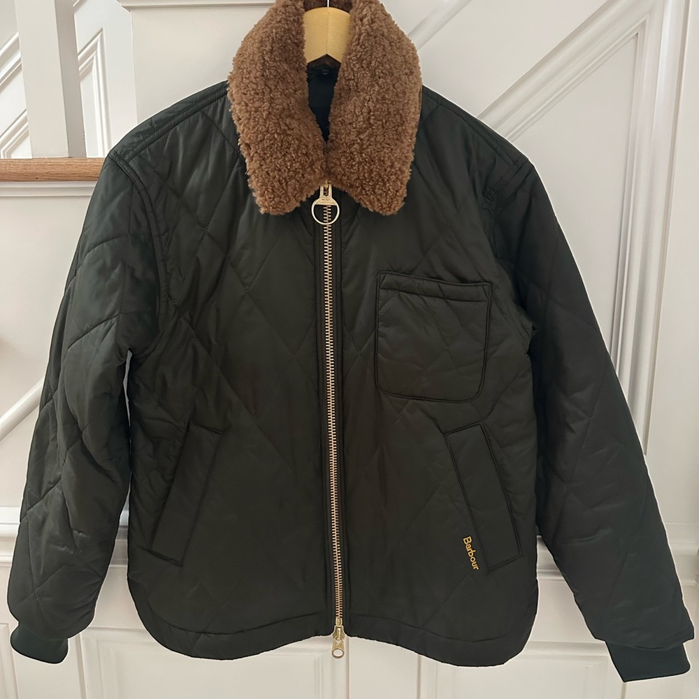 Barbour Quilted Olive Green Jacket with Brown Sherpa Collar